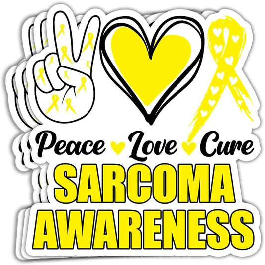 MAIANEY (3 Pcs) Sarcoma Cancer Awareness Sticker Peace Love Cure Sarcoma Cancer Warrior Sticker Yellow Ribbon Stickers Support Sarcoma Cancer Gifts Decorations Laptop Bottle Window Car 3"x4"